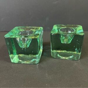 Hand Blown Emerald Green Glass Candle Holder Square Cube Tapered MCM Set of 2